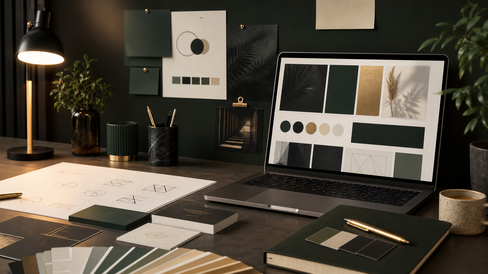 Creative desk workspace with design materials